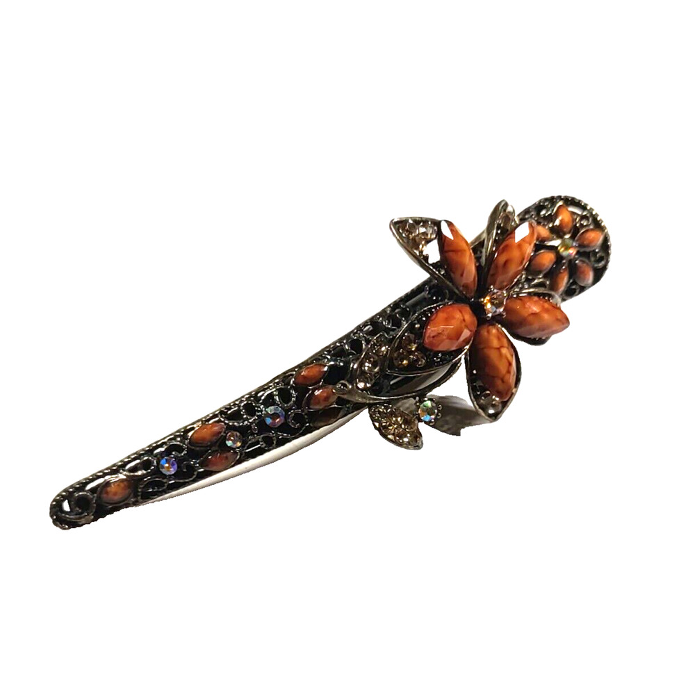 Barrette Hair Clip Large 5" X 11/2" Copper Tone Brown Plastic Beading